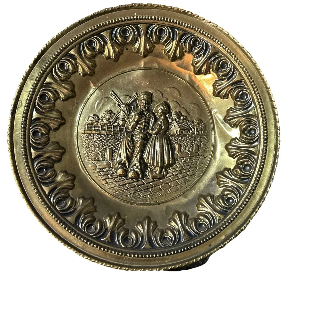 Vintage European Brass Wall Plates – Matched Pair Dutch  Scenes 12